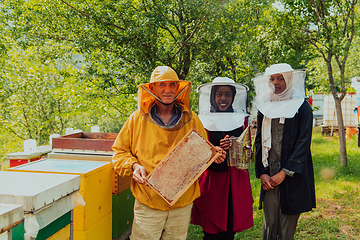 Image showing Arab woman investitors with an experienced senior beekeeper checking the quality and production of honey at a large bee farm