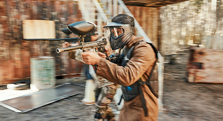 Image showing Paintball, team and blur of men with gun for tournament, competition and battle for action. Sports, military and male people shooting in outdoor arena for training, adventure games and challenge