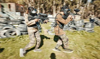 Image showing Teamwork, speed and paintball with man in game for playground, war and sports gaming. Challenge, mission and soldier with people shooting in battlefield arena for target, gun and warrior training