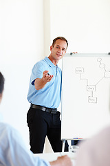 Image showing Lets start with your suggestion. Shot of a handsome man doing a presentation and gesturing with his hand.