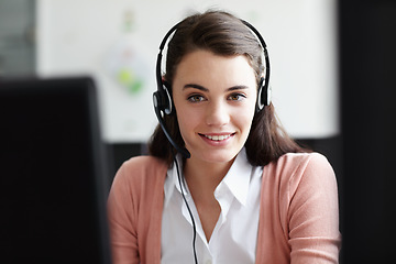 Image showing Portrait, call center and happy woman in office for virtual communication, online support or e learning consultant. Face of agent, web advisor or person for elearning services, helping or course info