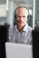 Image showing Call center, man and consultant portrait in office communication, tech support and computer software. Face of IT agent, web advisor or person for information technology, helping and customer services