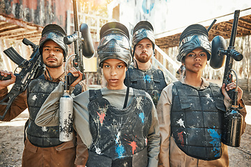 Image showing Paintball, serious and portrait of team or people ready for a battle and teamwork or collaboration together. Concentrate, sports and army on a mission on the battlefield with guns for competition