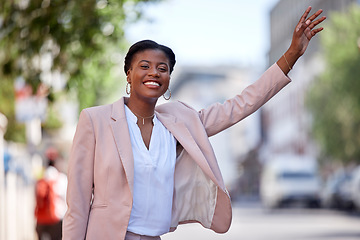 Image showing Happy black woman, taxi and travel in city waving or waiting for transportation on street sidewalk. African female person calling vehicle or signal with hand for ride service in road of an urban town