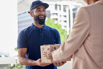 Image showing Delivery, man and courier service with customer or box for ecommerce order for online shopping. Order, logistics and happy worker with package for client at store with distribution or supply chain.