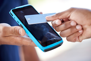 Image showing Courier, service and hand with delivery man or credit card in closeup for ecommerce to order with internet. Payment, logistics and purchase with people for online shopping on app with technology.