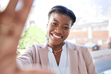 Image showing Happy black woman, selfie and city for photograph, memory or online outdoor vlog. Face portrait of African female person or employee smile in happiness for urban travel, photo or social media picture