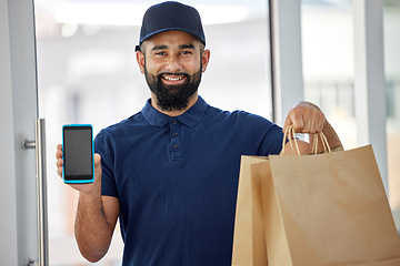 Image showing Courier, man and card machine in portrait for delivery in ecommerce with bags for order. Male person, order and happy face for payment for service with tech for retail or online service at shop.