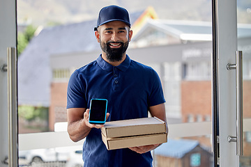 Image showing Portrait, courier service and card machine with pizza at door with order for food with ecommerce. Delivery, man and package with worker or technology for payment with logistics or online shopping.