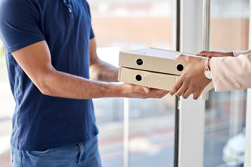 Image showing Pizza, man and hands with customer for delivery in ecommerce with box for order at door. Male worker, food and client with cargo for professional service at online store with logistics or stock.