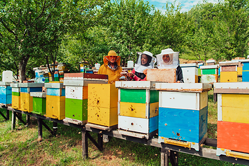 Image showing Arab investors checking the quality of honey on a large bee farm in which they have invested their money. The concept of investing in small businesses