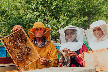 Image showing Arab investors checking the quality of honey on a large bee farm in which they have invested their money. The concept of investing in small businesses