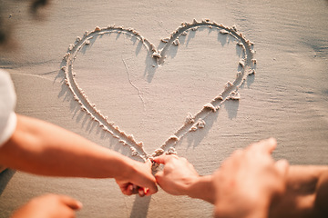 Image showing Hands, drawing and heart on beach sand for care and couple with kindness or support together with emoji. Draw, love or writing symbol in the shape of loving, caring or line in the for romance