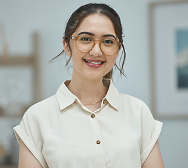 Image showing Latino woman, portrait and smile in office with glasses, ambition and clothes for career in finance agency. Young accounting employee, happy and confident for future, opportunity and start at new job