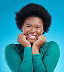 Image showing Portrait, smile and excited with black girl or hands in studio background with positive mindset. Happy, face and african female with confidence or proud expression for beauty with motivation or joy.