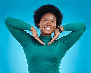 Image showing Happy, face and excited with hands or black woman in blue background or positive mindset with fashion. Freedom, beauty and style with african female or smile with confidence with proud expression.
