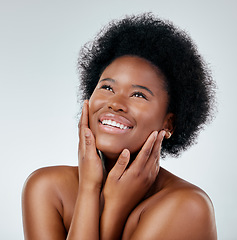 Image showing Smile, natural hair and skincare with black woman or cosmetic on white background for wellness in studio. Face, hand and dermatology with african girl for treatment with glow for self love in mock up