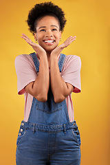 Image showing Thinking, choice and woman with a smile, decision and problem solving on a yellow studio background. Female person, opportunity or happy model with happiness, solution and ideas with wonder and emoji