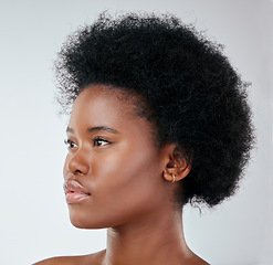 Image showing Beauty, black woman and natural hair in studio for cosmetic, treatment and routine on white background. Haircare, face and African model with healthy glow, styling and curly, fresh or confidence