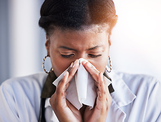 Image showing Sick, black woman or a doctor blowing nose for an allergy, virus or flu at work. Covid, healthcare and an African nurse or surgeon with a tissue for sneezing, health and a cold while at a clinic