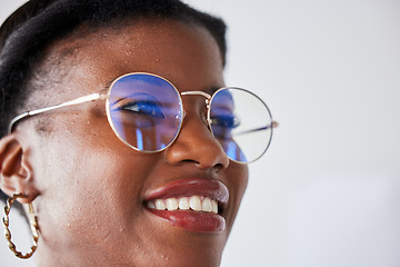 Image showing Happiness, glasses and black woman with positive face with vision in studio background with nerd in closeup. Style, thinking and geek girl with beauty or happy expression with eye wear or smile.