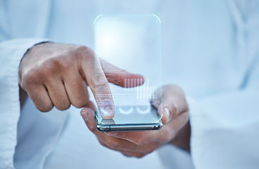 Image showing Hands, phone and closeup with hologram overlay, 3d ux or typing for user experience, contact or search at karate club. Fingers, smartphone and holographic ui for scroll, click or press for mobile app