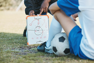 Image showing Hands, soccer team or coach planning a formation with tactics or training strategy on sports field. Board, fitness or closeup of manager teaching football players a game plan for match or workout