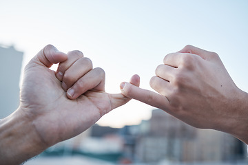 Image showing Hands, pinky finger and promise, trust and support for solidarity, cooperation and deal on mockup space outdoor. Teamwork, collaboration and people with commitment, link and guarantee for agreement