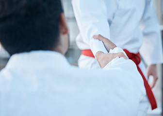 Image showing Martial arts men, handshake and fight for sport, training or exercise with teacher, master and guide. Fitness partnership, mentor or coach with shaking hands for karate in contest, competition or gym