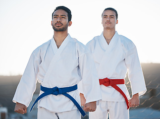 Image showing Men, karate team and outdoor training with mindset, thinking and start workout in morning for development. Martial arts partnership, together and sunshine with focus for exercise, coaching or sports