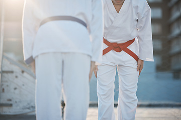 Image showing Karate, bow and men outdoor for training, workout and start exercise in city. Martial arts, sports and people in competition for taekwondo, battle and challenge to fight for healthy body in fitness