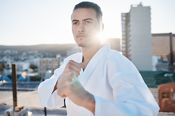 Image showing Karate, fitness and hands with a sports man in the city for self defense training or a combat workout. Exercise, health and fighting with a serious young male athlete or warrior in an urban town