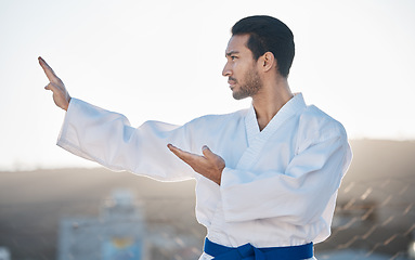 Image showing Karate, fitness and profile of a sports man in the city for self defense training or a combat workout. Exercise, mindset and fighting with a serious young male athlete or warrior in an urban town