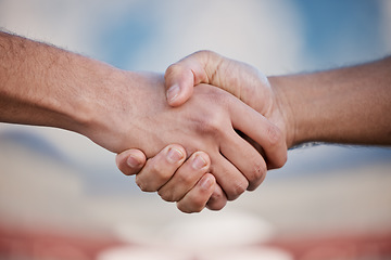 Image showing Handshake, collaboration and partnership for trust, support and cooperation for success. Teamwork, shaking hands and people in agreement for sport deal, thank you for solidarity or welcome in closeup