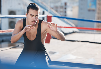 Image showing Man, wrestler and fight with in ring training on rooftop with for sport competition in outdoor. Athlete, fitness and wrestling with martial arts for workout in city with serious face for contest.