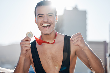 Image showing Success, wrestler or portrait of happy man with medal to celebrate winning a wrestling competition with pride. Winner, fitness or excited champion athlete with fighting victory award, gold or prize