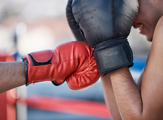 Image showing Punch, boxing gloves or men fighting in sports training, exercise or fist punching with power. Block, boxers hands or combat fighters boxing in practice or fitness workout in ring for self defense