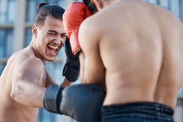 Image showing Punch, boxing match or strong man fighting in sports training, body exercise or fist punching with power. Men, boxers or combat fighters boxing in practice or fitness workout in ring with action