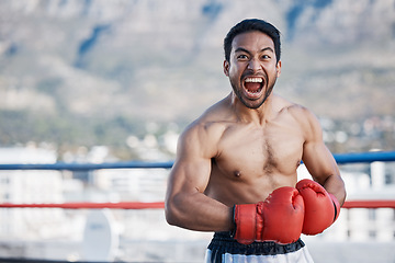 Image showing Portrait, man or angry face of boxer in training or exercise with testosterone or strong power in workout. Asian, fitness or combat athlete screaming or ready for fighting in a mma practice match