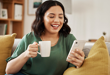 Image showing Woman on sofa with phone, coffee and smile, reading email or social media meme in living room. Networking, cellphone and happiness, girl on couch to relax, chat and internet search for post or text.