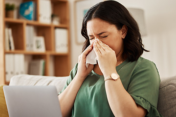 Image showing Remote work, laptop and sick woman on a sofa with flu, cold or viral infection in her house. Freelance, sneeze and lady online with allergies, virus or burnout, sinusitis or hayfever while working