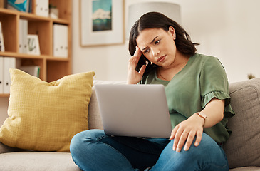 Image showing Remote work, stress and woman with laptop, headache and burnout on sofa, frustrated and annoyed at home. Freelance, glitch and lady online with anxiety from 404, internet or tax crisis in living room