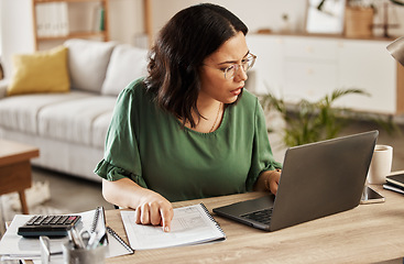 Image showing Finance, documents and woman with laptop in home office for debt budget, taxes and remote work. Freelance, accounting and female online for savings, review or analysis, development or business growth