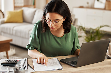 Image showing Documents, finance and woman with laptop in home office for debt budget, taxes and remote work. Freelance, accounting and female online for savings, review or analysis, development or business growth