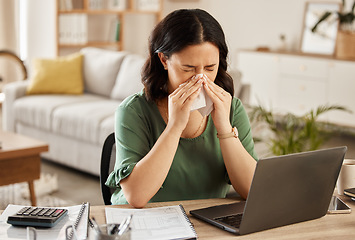 Image showing Laptop, remote work and sick woman in home office with flu, cold or viral infection in her house. Freelance, sneeze and lady online with allergy, virus or burnout, sinusitis or hayfever while typing