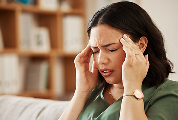 Image showing Stress, headache and woman on a sofa with vertigo, brain fog or burnout in her home. Migraine, anxiety and female in a living room with problem fail or crisis, fatigue or mental health problem