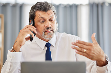 Image showing Phone call, man and senior manager in discussion at law firm, consulting on legal advice and communication. Cellphone, smile and businessman, attorney or lawyer in advisory conversation at office.