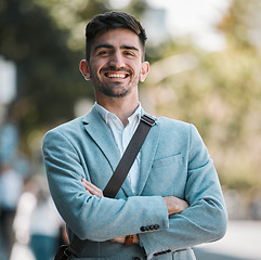 Image showing Crossed arms, city and portrait of business man for happy mindset, startup goals and commute. Travel, professional job and face of male entrepreneur in urban town for career, working and success