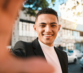 Image showing Selfie, happy and portrait of business man in city for social media, profile picture and blog post. Travel, professional and face of male worker smile excited for career, job and success in street