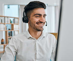 Image showing Call center, man or happy consultant at computer for customer service, technical support or CRM consulting. Salesman, agent and telemarketing advisory at desktop for telecom, contact or FAQ questions